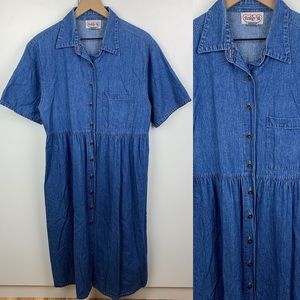 Vintage 90s Denim Cotton Short Sleeve Button Front Midi Shirt Dress Blue Size XL